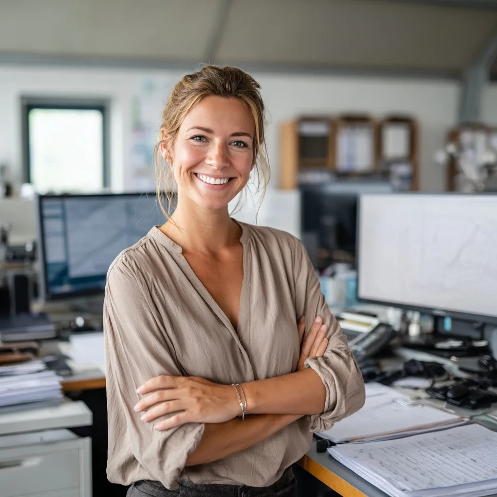 A smiling young woman stands in her office with her arms crossed.  She's wearing a light brown blouse and a confident expression.  Computer monitors displaying graphs are visible in the background, suggesting a business or professional setting.  The overall mood is positive and professional.
