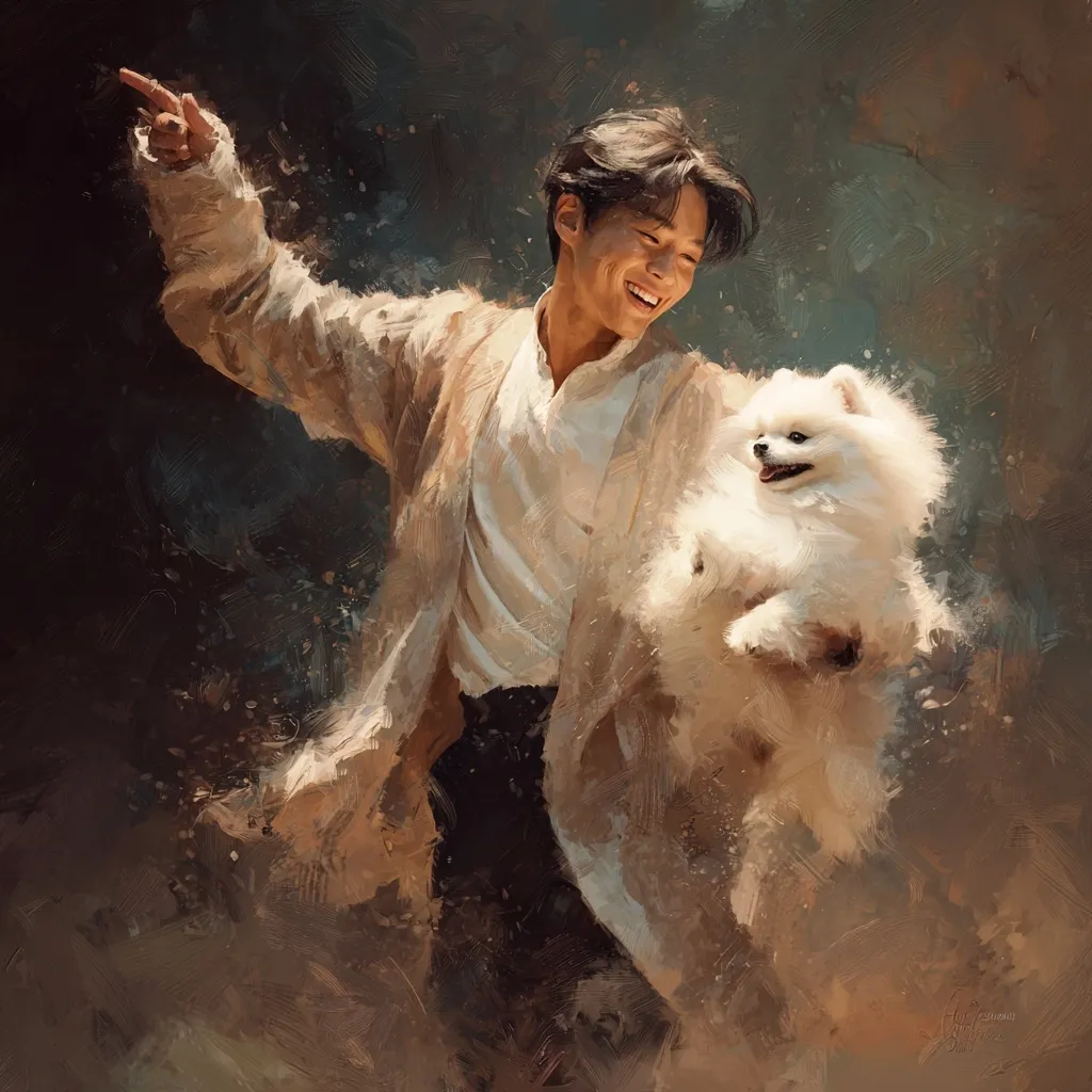 A painting depicts a smiling man with dark hair, wearing a light beige, loose-fitting long-sleeved shirt and pants, joyfully holding a fluffy white Pomeranian dog.  The man's arm is outstretched, suggesting movement or dance. The artistic style is impressionistic, with visible brushstrokes creating a textured, warm-toned background.  The overall mood is one of happiness and companionship.