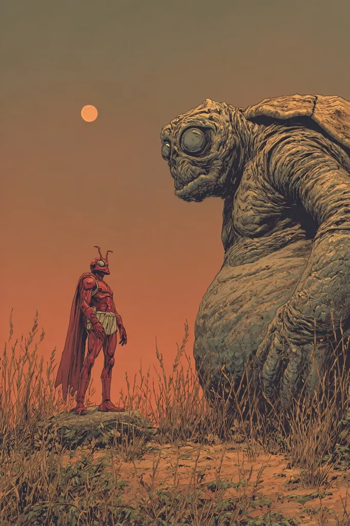 A small, red-suited superhero stands on a rock, facing a massive, tortoise-like creature under a dusky orange sky.  The creature's skin is textured like stone.  A single, pale moon hangs in the sky.  The scene evokes a sense of isolation and impending confrontation, with the vast size difference highlighting the hero's bravery or vulnerability.  Dry, sparse vegetation surrounds the figures.