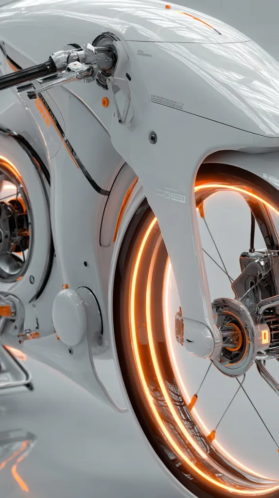 A futuristic motorcycle design is showcased, featuring a sleek, white body and vibrant orange illuminated rims.  The intricate details reveal a technologically advanced aesthetic with exposed mechanical elements. Clean lines and a minimalist style dominate the design, emphasizing its futuristic and potentially high-performance nature. The image focuses on the wheel and chassis, highlighting its advanced engineering.