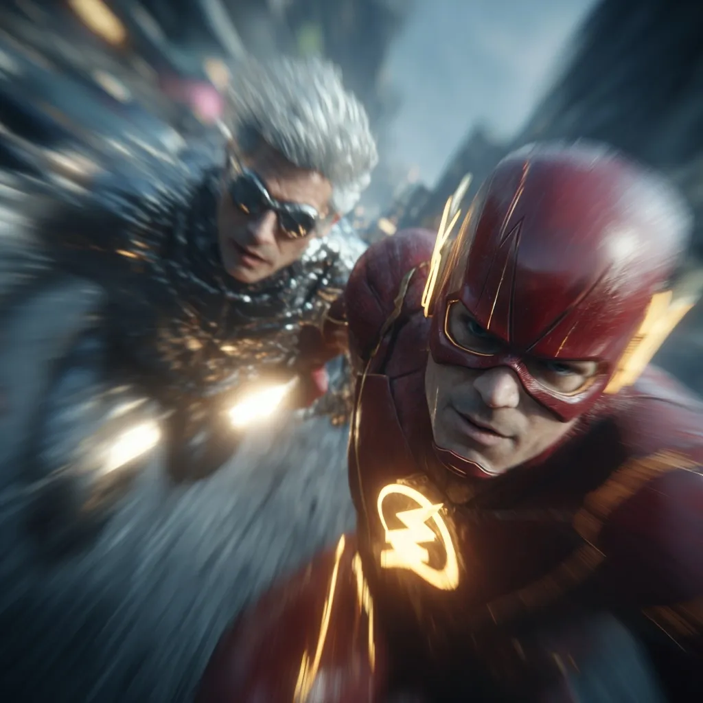 The Flash, in his iconic red suit, races alongside a silver-suited figure.  Both are blurred by speed, suggesting intense movement through a dark, urban environment.  The image is dynamic, emphasizing their velocity and the energy of the chase.  The close perspective gives a sense of immediacy and the thrill of the high-speed pursuit.