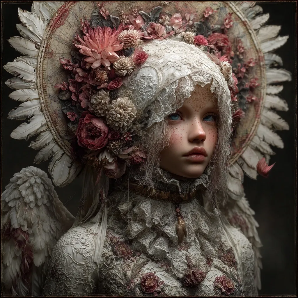 A digital painting depicts a young woman with pale skin and blue eyes, adorned in an elaborate headdress of feathers, lace, and richly colored flowers.  She wears a delicate, ornate white dress.  The overall style evokes a gothic or Victorian aesthetic with a dreamlike quality, highlighted by soft lighting and detailed textures.  Angelic wings partially emerge from behind her, adding to the ethereal and mystical feel.