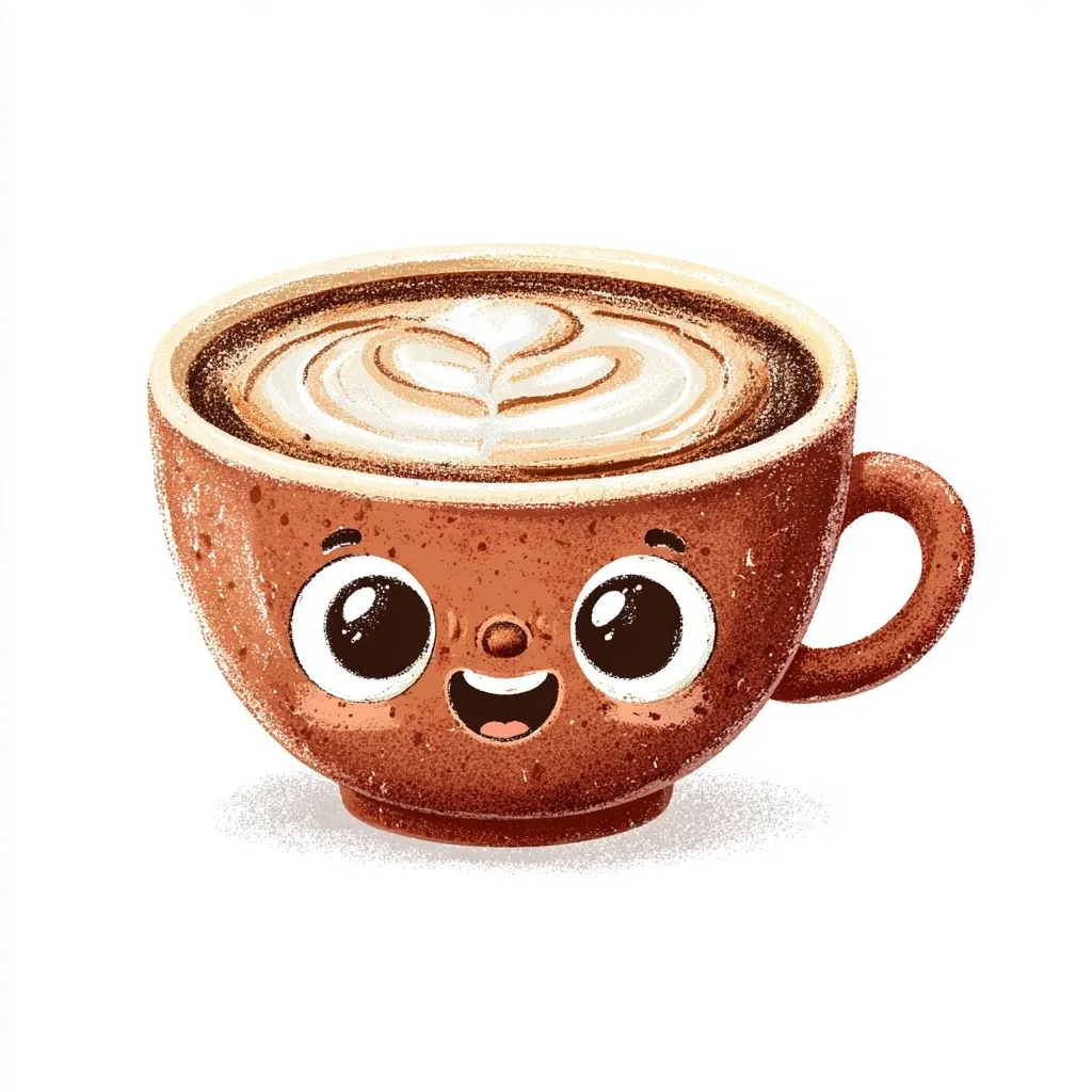 A cheerful cartoon mug filled with latte art smiles broadly.  Its brown, textured surface contrasts with the creamy, frothy coffee topping. Large, expressive eyes and a happy mouth complete the charming character design.  The mug is presented against a clean white background.