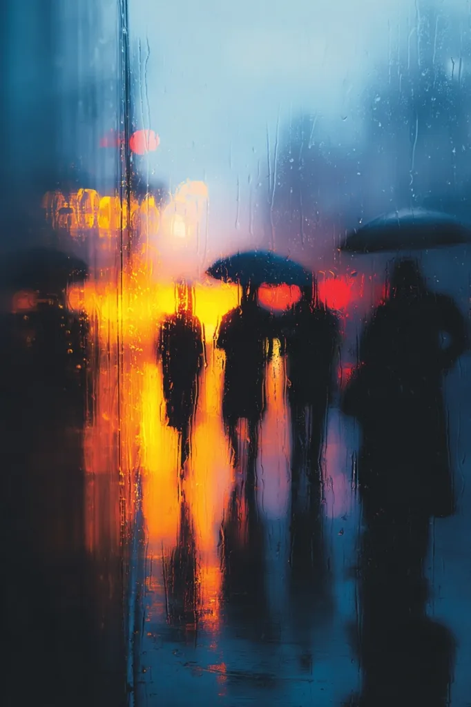 Rain streaks a window, blurring the view of a city street at twilight.  Silhouetted figures, huddled under umbrellas, walk through the downpour.  Warm, orange streetlights glow through the wet glass, contrasting with the cool blues and grays of the rainy sky.  The scene is moody and atmospheric, capturing the feeling of a wet, urban night.