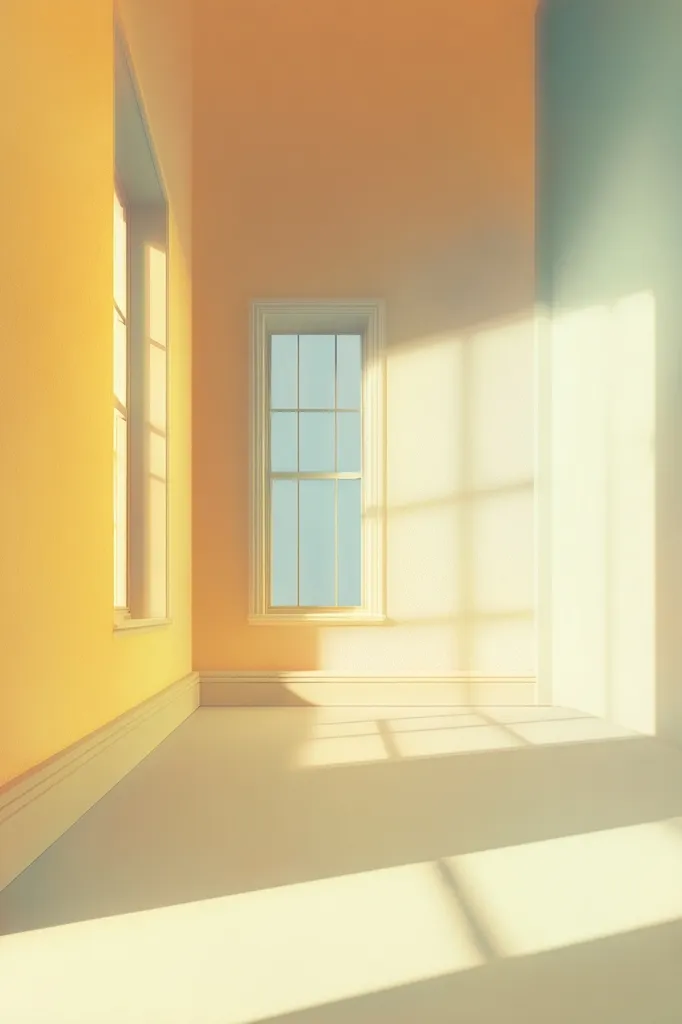 Sunlight streams into a pale yellow room, illuminating its pale floor and walls.  A large window dominates one wall, casting rectangular shadows. Smaller windows are visible on the adjacent wall. The overall mood is serene and minimalist, emphasizing the interplay of light and shadow.  The room appears empty and spacious.