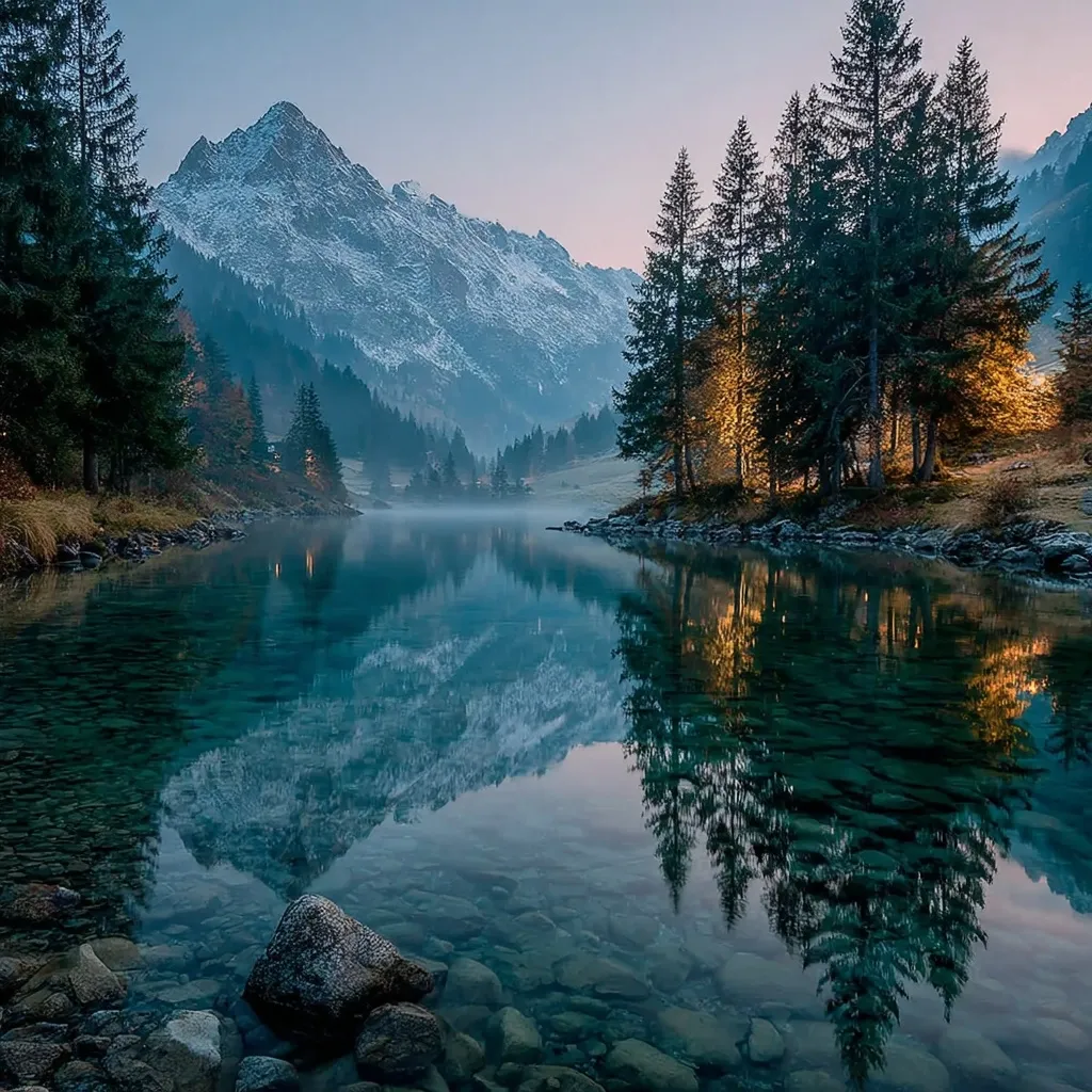 A serene alpine lake reflects a snow-capped mountain range at dawn.  Crystal-clear water reveals a bed of smooth stones.  Evergreen trees line the shore, some illuminated by a warm light.  A light mist hangs over the water, adding to the tranquil atmosphere.  The scene is a picturesque depiction of peaceful mountain scenery.
