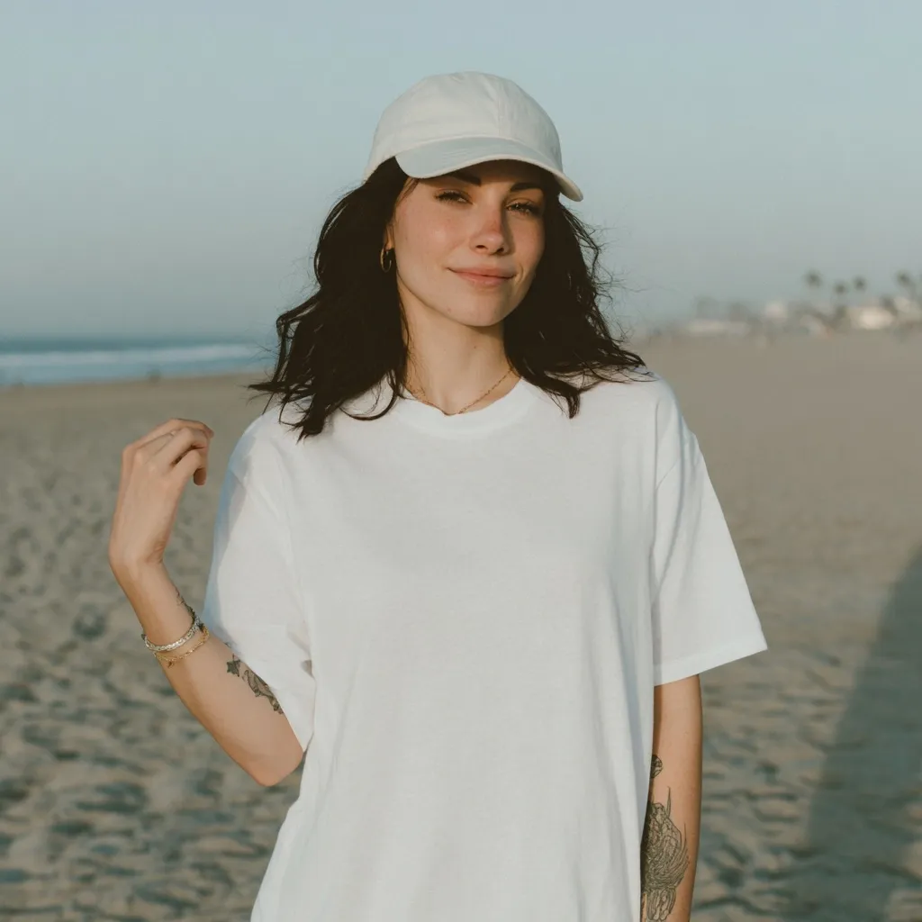 A young woman with shoulder-length dark hair wears a white baseball cap and a plain white t-shirt. She stands on a sandy beach, her arm slightly raised, and smiles softly at the camera.  The ocean is visible in the background, slightly blurred. She wears delicate bracelets and has small tattoos on her arms. The overall mood is relaxed and casual.