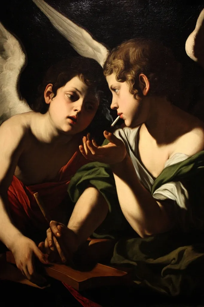 The Baroque painting depicts two cherubic figures, winged and draped in rich fabrics. One cherub holds a cigarette, offering it to the other.  The scene is dramatically lit, highlighting the figures' youthful faces and the intense interaction. The dark background and the contrasting light create a sense of intimacy and mystery. The painting's style is characteristic of the Italian Baroque period, emphasizing dramatic lighting and emotional expression.