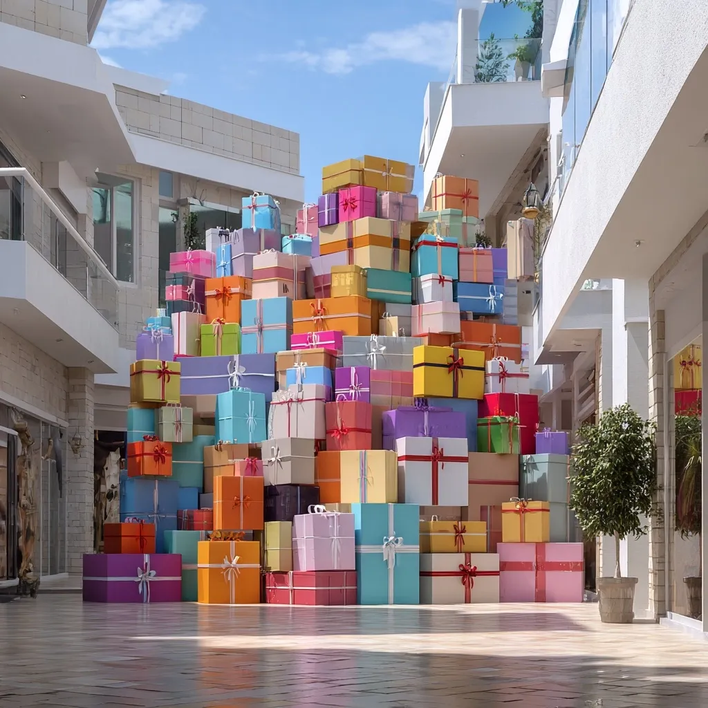A massive pile of colorful gift boxes, adorned with ribbons, is the centerpiece of a sunlit, modern shopping mall atrium.  The gifts are stacked haphazardly, creating a festive and visually appealing display. The architecture of the mall is clean and contemporary, with light-colored stone and glass features.  The scene evokes a feeling of celebration and abundance.