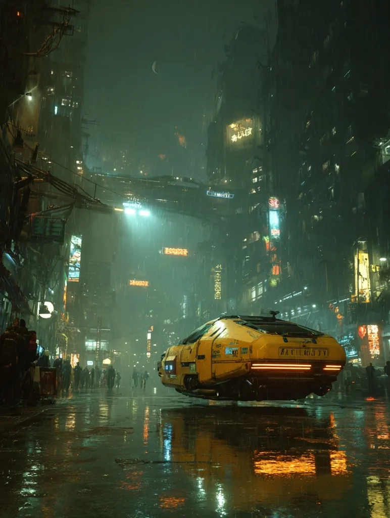 A futuristic cityscape is depicted under a rainy night sky.  Tall, narrow buildings line a wet street, illuminated by neon signs and streetlights. A yellow flying car is parked, reflecting in the glistening pavement.  Pedestrians are sparsely scattered, adding to the atmospheric and somewhat desolate scene.  A crescent moon hangs faintly in the overcast sky.