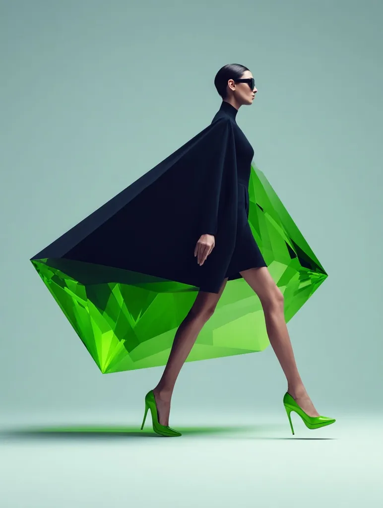 A stylish woman in a black mini dress and cape walks confidently.  Her cape flows dramatically behind her, seemingly attached to a large, vibrant green gemstone that acts as a backdrop. She wears sharp black sunglasses and bright green high heels, creating a striking contrast against the muted background. The overall image is modern and sophisticated, suggesting luxury and boldness.