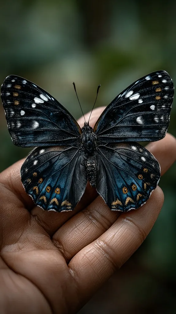 A large, dark butterfly with intricate patterns of white and gold rests gently on a person's hand.  Its deep blue-black wings are speckled with white dots and edged with a gold-highlighted design. The contrast between the butterfly's dark wings and the rich brown skin tone of the hand creates a striking visual. The background is blurred, focusing attention on the exquisite detail of the butterfly.