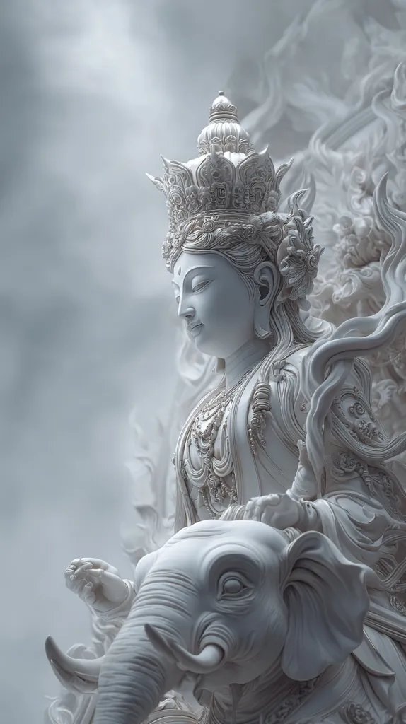 A stunning, monochromatic statue depicts a serene goddess, adorned with an elaborate crown and intricate jewelry.  She sits majestically atop a white elephant, its detailed features mirroring the goddess's exquisite craftsmanship. The background subtly suggests a hazy, ethereal atmosphere, enhancing the statue's spiritual aura.  The overall effect is one of peaceful grandeur and delicate artistry.