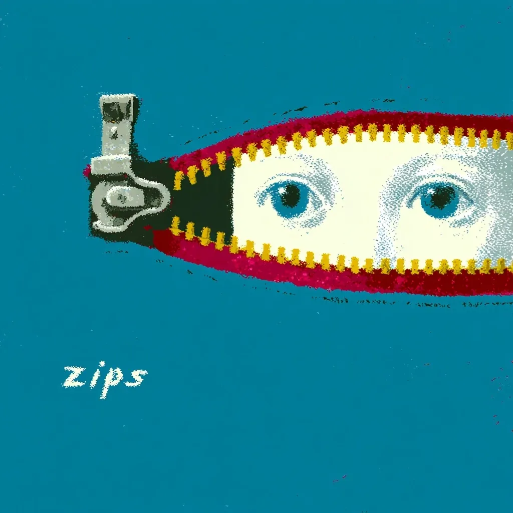 A stylized illustration shows a partially zipped-up zipper revealing a pair of eyes. The zipper is red and gold, set against a teal background.  The word "zips" is written in a simple font near the bottom left. The overall style is bold and graphic, suggestive of hidden identity or secrets.