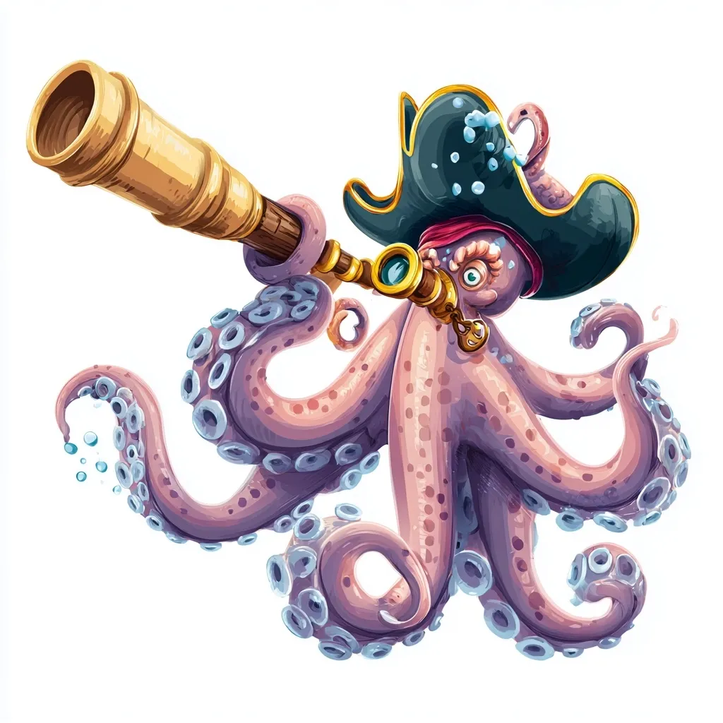 A whimsical illustration depicts a purple octopus pirate.  Wearing a tricorn hat and bandana, the octopus expertly holds a long brass spyglass to its eye.  Its multiple tentacles curl playfully around the instrument.  Bubbles surround the creature, adding to its underwater charm. The style is vibrant and cartoonish, creating a fun, imaginative character.