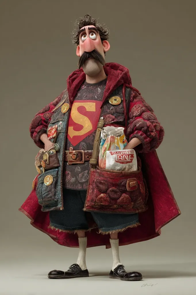 A whimsical 3D-rendered character, possibly from a film, stands against a muted background.  He's a stout man with exaggerated features, wearing a tattered red cape over a superhero-inspired shirt, showcasing a stylized "S" emblem.  His attire includes patched-up pants and a bag filled with what seems to be groceries.  He carries various tools and trinkets, suggesting a relatable, everyday hero.  His expression is thoughtful and slightly upward-looking.
