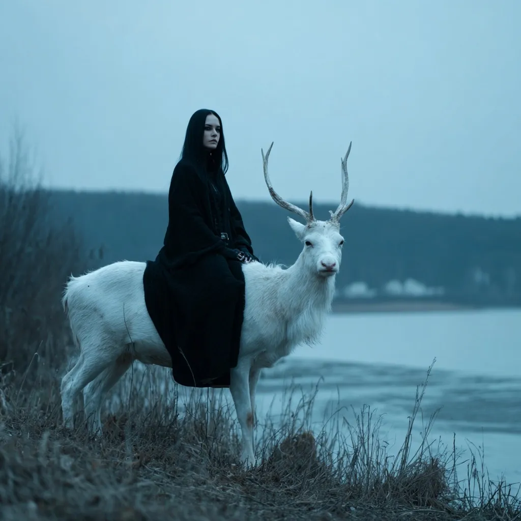 A dark-haired woman in a long black cloak sits atop a majestic white deer.  The pair stand near a calm, icy river under a muted, twilight sky.  The scene evokes a mystical, fairytale atmosphere, with the woman and deer appearing serene and otherworldly against the bleak, wintry landscape.  The image is darkly toned, emphasizing the mysterious mood.
