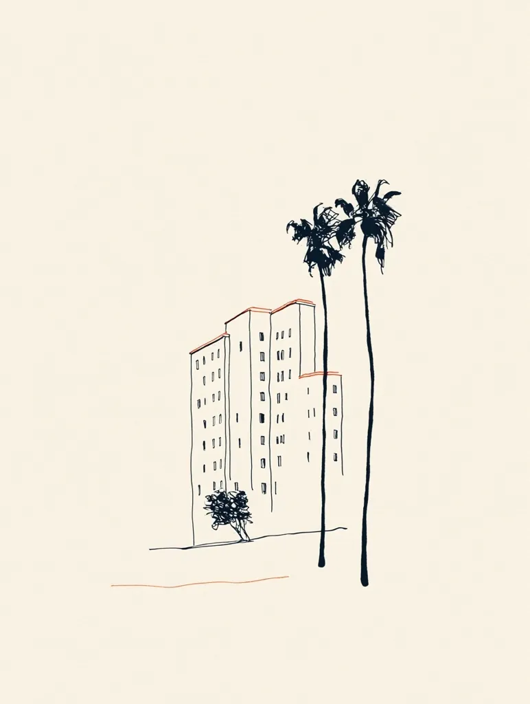 A minimalist line drawing depicts a tall, slender apartment building situated beside two palm trees.  The style is simple and elegant, with a muted beige background contrasting against the dark outlines of the building and trees. A small, bushy tree sits in front of the building, adding a touch of greenery to the scene.  The overall impression is one of calm and understated elegance.