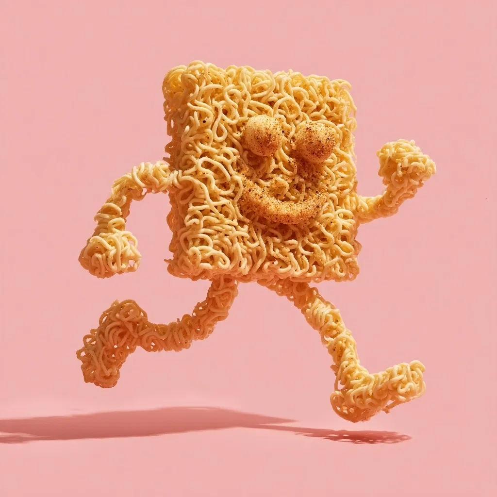 A playful image features a square-shaped instant noodle block transformed into a running character.  The noodles form arms and legs, while seasoning creates a smiling face. The figure is mid-stride against a pink backdrop, suggesting speed and energy.  The overall effect is whimsical and humorous, highlighting the food in a creative and unexpected way.