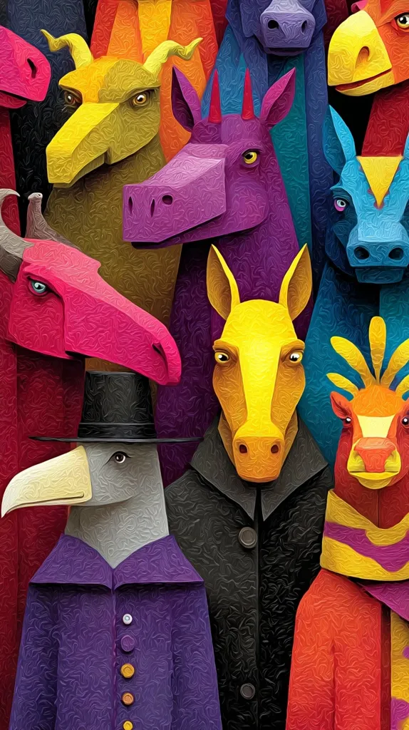 A vibrant, stylized illustration features a close-up of a diverse group of fantastical animal heads.  The creatures, rendered in a textured, almost paint-like style, exhibit a range of colors and forms, including dragons, horses, and birds.  They are tightly clustered, creating a sense of camaraderie or perhaps a slightly chaotic gathering.  The image's strong colors and unique artistic approach give it a whimsical, almost folk-art quality.