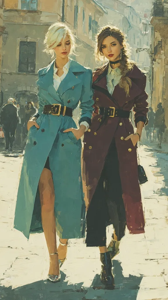 Two stylish women stroll down a sun-drenched city street.  One wears a teal trench coat and the other a deep burgundy one, both belted at the waist. Their fashionable attire includes high heels and stylish accessories. The background features a classic European cityscape, with old buildings and a sense of quiet elegance. The painting style is loose and impressionistic, capturing a moment of urban grace.