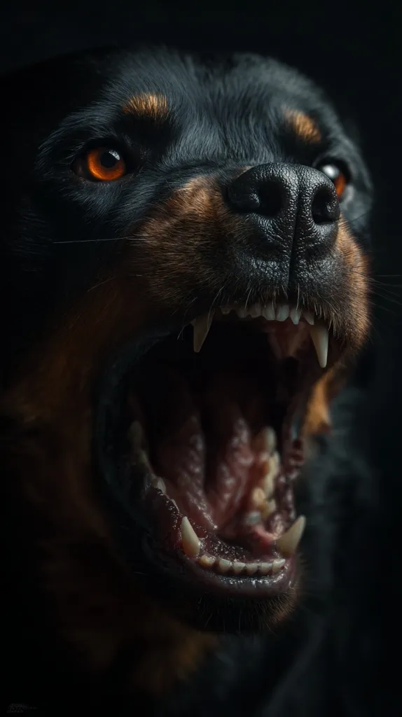 A close-up shot of a Rottweiler's head, its mouth open in a snarl revealing sharp teeth.  The dog's dark fur contrasts with the tan markings on its face and the bright orange of its eyes. The image is dramatically lit, emphasizing the intensity of the dog's expression against a dark background.  The focus is sharp on the dog's teeth and eyes, creating a powerful and somewhat menacing image.
