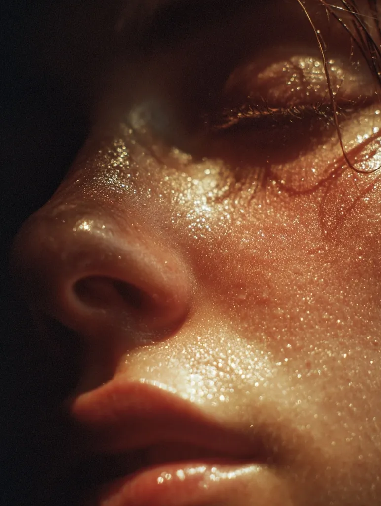 A close-up shot captures the glistening skin of a person's face, illuminated by sunlight.  Fine droplets of sweat or moisture adorn the skin, catching the light and creating a sparkling effect.  The image focuses on the nose, eye, and lips, emphasizing the texture and luminosity of the skin.  The overall mood is warm and sensual.
