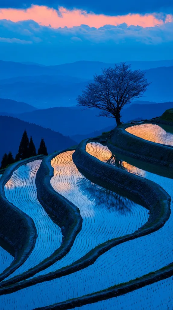 Serene twilight bathes a breathtaking landscape.  Curving rice terraces, filled with water, reflect the soft, warm light of the setting sun.  A solitary tree stands silhouetted against the indigo mountains in the background, creating a tranquil and peaceful scene.  The deep blues and subtle oranges blend harmoniously, showcasing the beauty of nature's artistry.