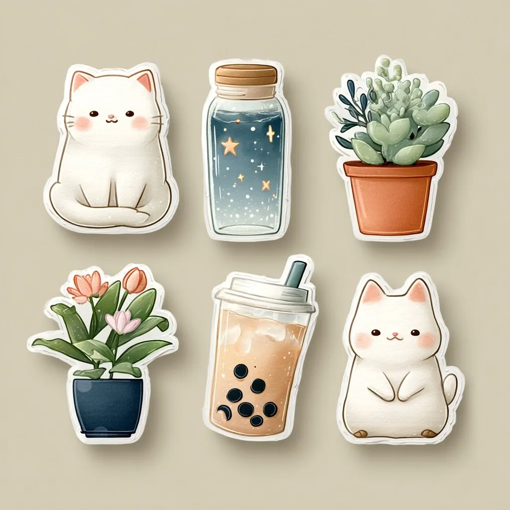 Six adorable stickers are arranged on a beige background.  Two feature cute white cats, one sitting and one standing.  Other stickers depict a potted succulent, a flowering plant, a bubble tea drink, and a mason jar filled with a starry night sky.  The illustrations are in a soft, pastel color palette with a charming, hand-drawn style.