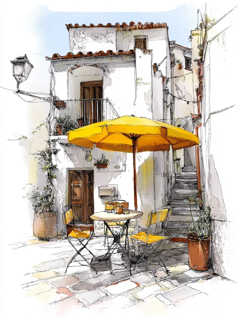 A charming watercolor painting depicts a quaint European courtyard.  A small cafe table with yellow chairs sits under a bright yellow umbrella.  The buildings are aged, whitewashed, with terracotta roofs.  A stone staircase leads upward, adding depth to the scene.  Potted plants and a streetlamp complete the picturesque setting, evoking a sense of warmth and tranquility.
