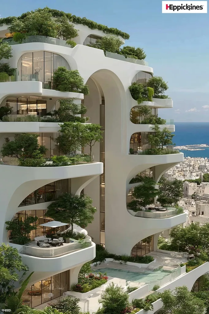 A modern, white residential building with a unique, flowing design.  Each level features balconies and terraces integrated with lush greenery, creating a vertical garden effect.  The building's curved architecture and abundant landscaping offer stunning views of the ocean and city below.  The design emphasizes a seamless blend of nature and architecture.