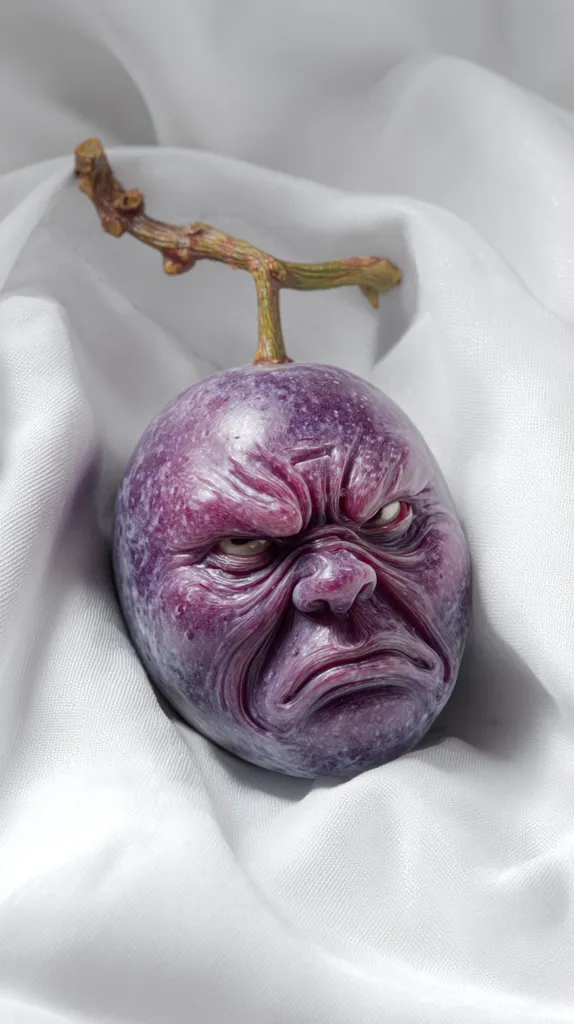A single, large, dark purple grape with a meticulously sculpted, angry human face rests on a smooth, white fabric.  The grape is attached to a small, dried vine. The contrast between the fruit's angry expression and the soft, neutral background creates a striking and slightly unsettling image.  The detailed sculpting of the facial features is highly realistic.
