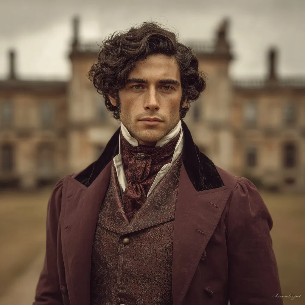 A young man with dark, curly hair stands before a grand estate. He's dressed in a richly colored, period-appropriate outfit, a maroon coat over a patterned waistcoat and cravat.  His expression is serious, his gaze direct. The overall image evokes a sense of romanticism and historical drama.  The muted tones of the background enhance the vibrancy of his attire.