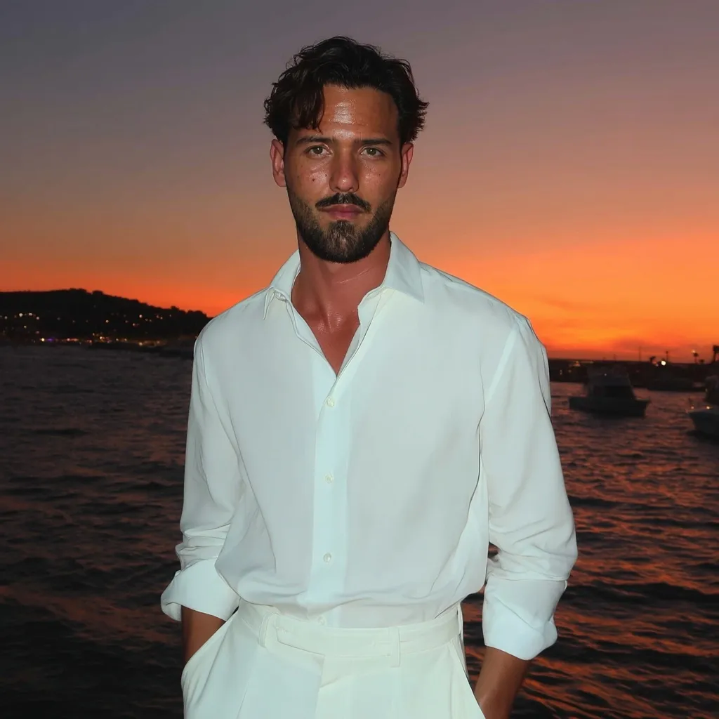 A man with dark hair and a beard stands against a vibrant sunset over a calm body of water. He's dressed in a crisp white long-sleeved shirt and matching white trousers, his hands casually in his pockets.  The scene evokes a feeling of relaxed elegance and summer sophistication.  Boats are visible in the distance on the water.