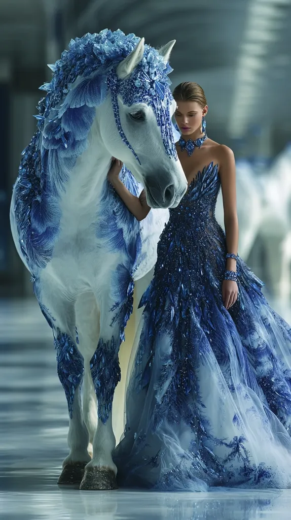 A woman in a stunning, sapphire blue, crystal-encrusted gown stands beside a white horse adorned with matching blue crystal embellishments.  The horse's mane and legs are intricately decorated, mirroring the dress's exquisite detail. The scene is ethereal and elegant, creating a captivating image of fantasy and grace.