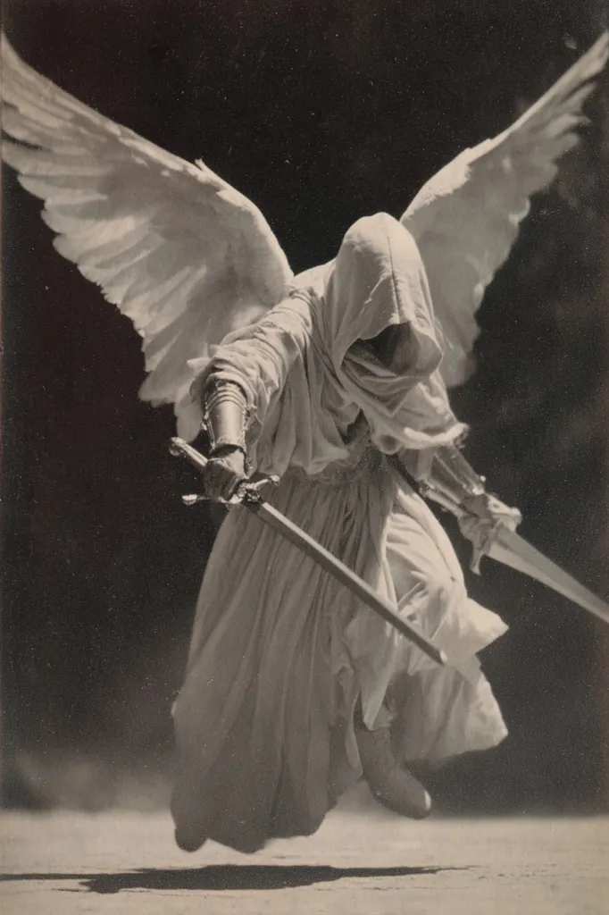 A monochromatic image depicts an angelic figure, wings outstretched, clad in a flowing hooded robe.  The angel wields two swords, one in each hand, mid-stride, suggesting motion and power. The dark background contrasts sharply with the light-colored clothing and wings, creating a dramatic and ethereal effect. The overall impression is one of strength and divine intervention.