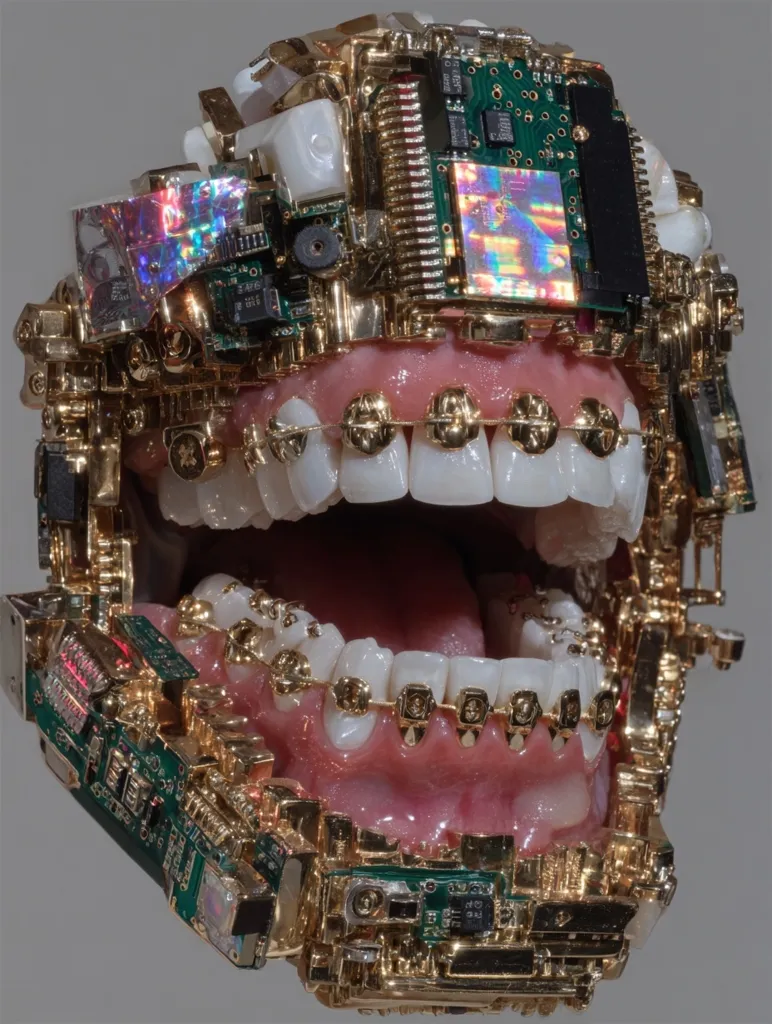 A surreal sculpture depicts a human jaw, adorned with gold and circuit boards.  The teeth are fitted with gold braces, and the jaw is intricately encrusted with electronic components, creating a jarring juxtaposition of organic and technological elements.  The open mouth and gold accents lend a striking, almost futuristic aesthetic to the piece.