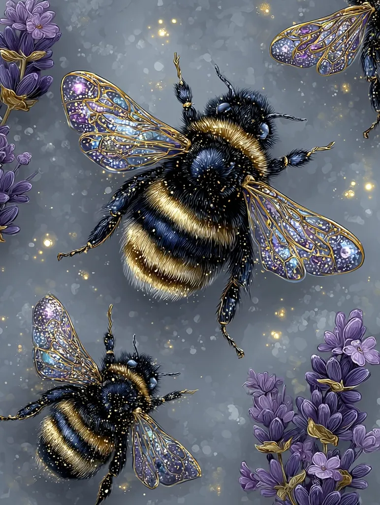 Three bumblebees, adorned with glittering, iridescent wings, are depicted against a soft gray background speckled with golden light.  Surrounding the bees are sprigs of lavender, adding a touch of purple to the scene. The bees' bodies are realistically rendered, with fuzzy textures and detailed markings, contrasting with their fantastical wings. The overall style is a blend of realism and magical fantasy.