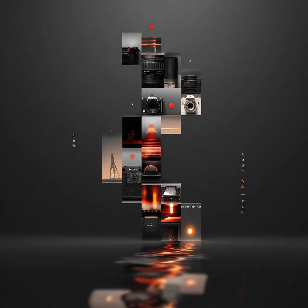 A dark, minimalist collage features various cameras and cinematic sunset scenes arranged vertically.  The images are reflected in a still, dark body of water below.  The overall aesthetic is moody and sophisticated, emphasizing the interplay of light and shadow.  A subtle, vertical arrangement suggests a timeline or journey, possibly through photography.  The text is in a non-English language.