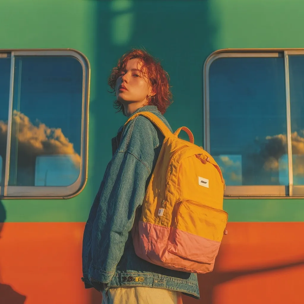 A young person with short, reddish-brown hair stands before a vibrant teal and orange train car.  They wear a denim jacket and carry a two-toned yellow and pink backpack.  The sun casts a warm glow, creating a nostalgic and stylish aesthetic. The reflection in the train windows shows a partly cloudy sky. The overall image is reminiscent of 90s or early 2000s fashion photography.