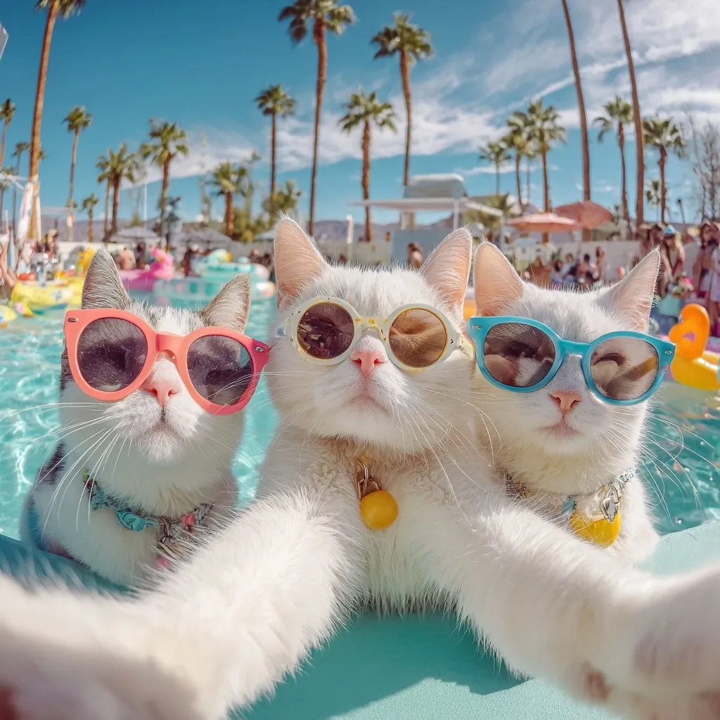 Three cats, wearing sunglasses, take a selfie in a swimming pool.  Two white cats are in the foreground, with a third, calico cat beside them.  Palm trees and a sunny poolside setting provide a vibrant backdrop.  The cats appear relaxed and content, enjoying a luxurious pool day.