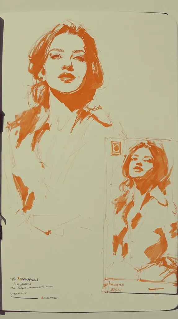 A sketchbook page features two stylized female portraits rendered in orange ink. The larger portrait depicts a woman with shoulder-length hair, looking directly at the viewer.  The smaller portrait, positioned to the lower right, showcases a woman with similar features but a slightly different pose. Both portraits are sketched with loose, expressive lines, emphasizing form and silhouette rather than fine detail.  Notes in a different script are visible at the bottom of the page.