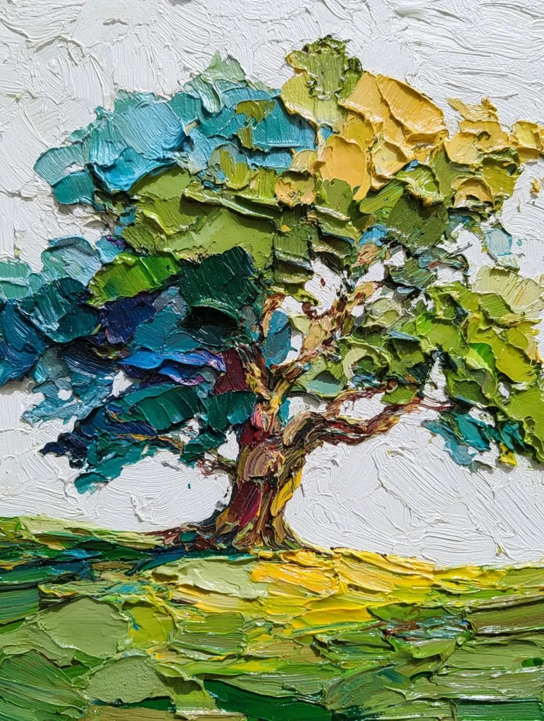 A vibrant impasto painting depicts a solitary tree against a bright white sky.  The tree's foliage is a riot of teal, green, and yellow hues, applied with thick, textured brushstrokes.  The trunk is a rich, dark brown, contrasting beautifully with the lively greens and yellows of the grassy landscape below. The overall effect is one of bold energy and natural beauty.