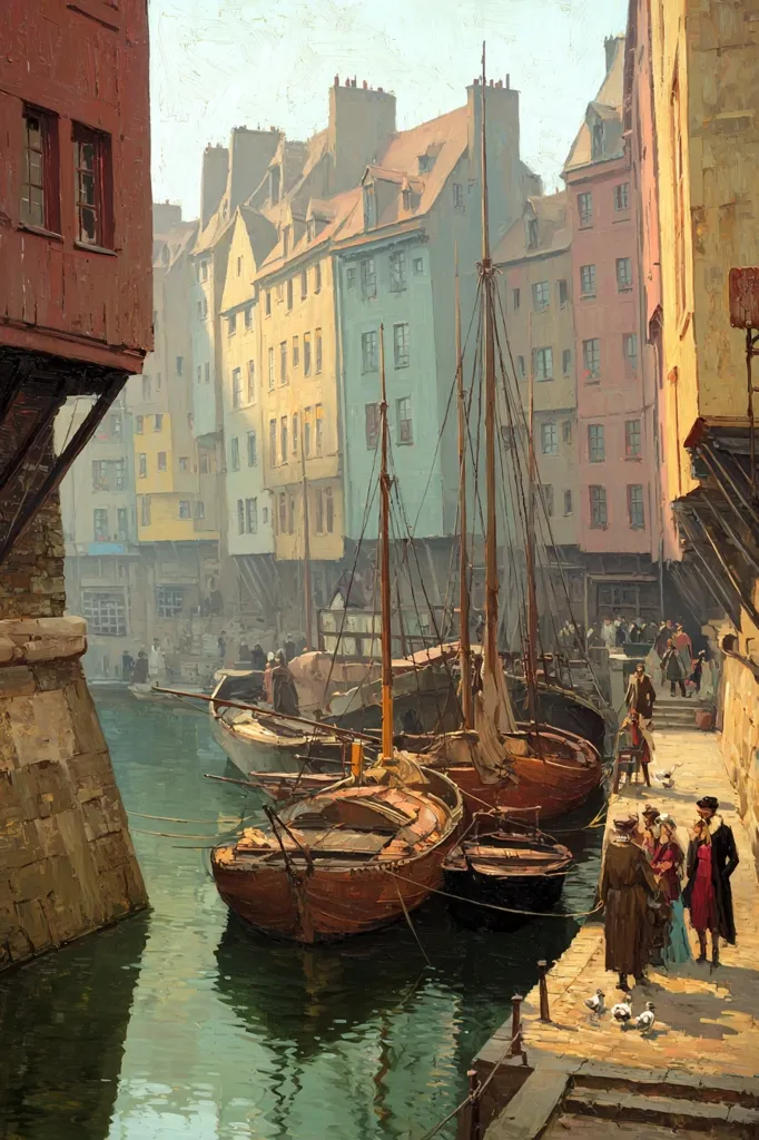 A tranquil canal scene unfolds, showcasing a row of colorful, historic buildings lining the waterway. Several wooden sailing boats are moored along the quay, their masts reaching towards a hazy sky. Figures are scattered along the waterfront, adding a sense of everyday life to this picturesque setting. The artist masterfully captures the interplay of light and shadow, creating a serene and atmospheric painting.