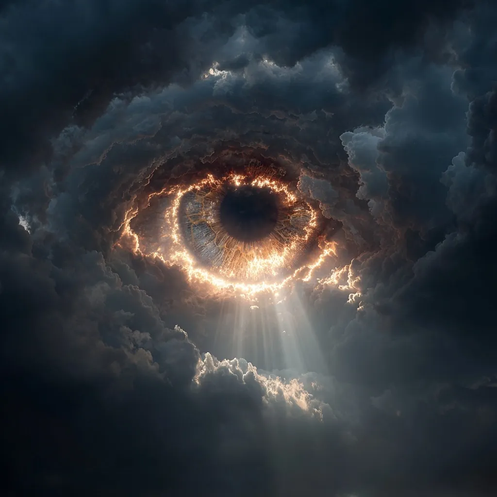 A dramatic digital artwork depicts a giant eye formed within a swirling mass of dark clouds.  The eye is outlined in fiery orange light, radiating beams downwards through the clouds. The image evokes a sense of divine observation or otherworldly presence, creating a powerful and awe-inspiring visual.
