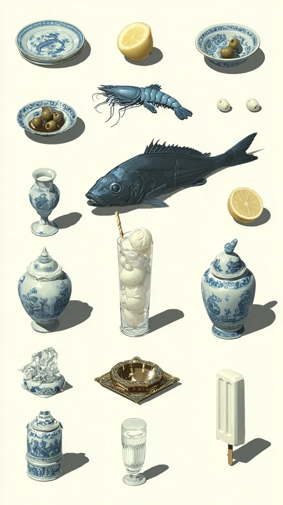 A still life arrangement featuring various objects, including a large dark-colored fish, a shrimp, lemons, olives in blue and white porcelain bowls,  blue and white porcelain jars and vases, a glass of ice cream, an ashtray, and a popsicle. The items cast shadows, suggesting a bright light source.  The overall style is realistic with a muted color palette emphasizing blues, whites, and gold.