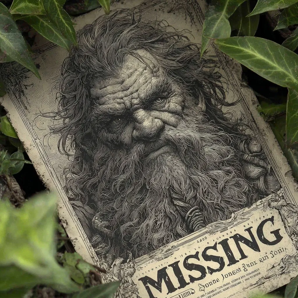 A detailed, monochrome illustration resembling a vintage missing person poster depicts a grizzled, long-bearded dwarf-like man.  The image is heavily textured, with intricate linework creating a sense of age and depth.  The word "MISSING" is prominently displayed at the bottom, surrounded by stylized text in a language other than English. The poster appears weathered and lies amidst green foliage.