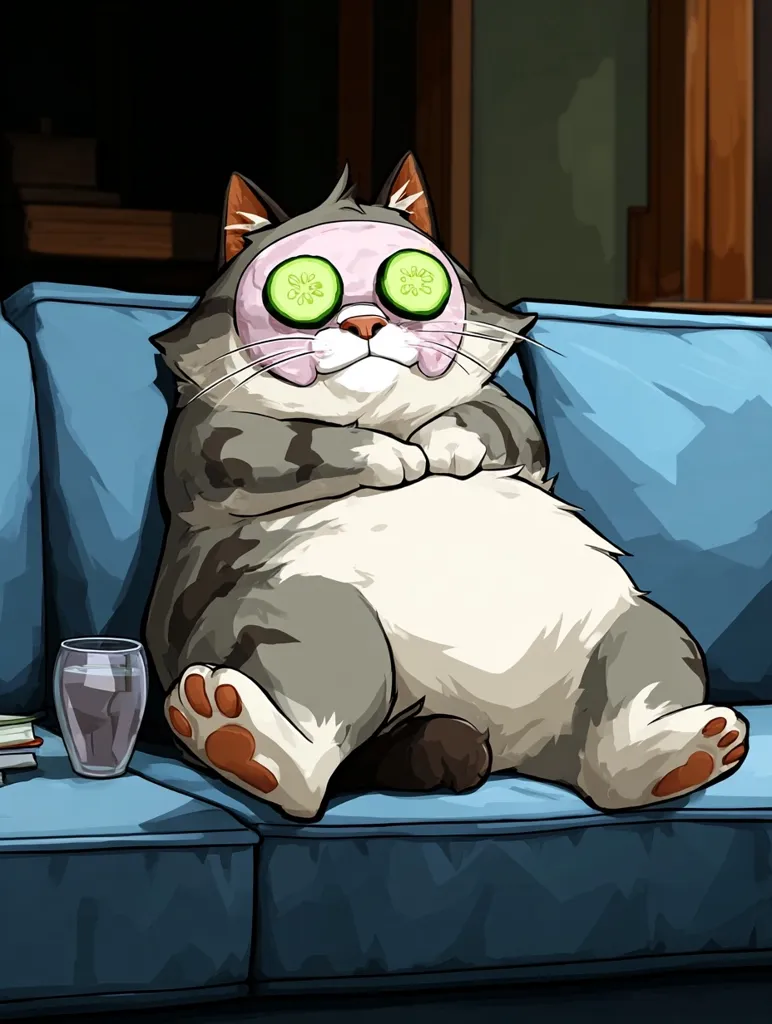 A chubby gray cat luxuriates on a blue couch, cucumber slices adorning its eyes as part of a relaxing face mask.  The cat appears content and pampered, its paws neatly tucked. A glass of water and a stack of books rest nearby, suggesting a quiet, self-care moment. The scene is depicted in a cartoon style with bold outlines and vibrant colors.
