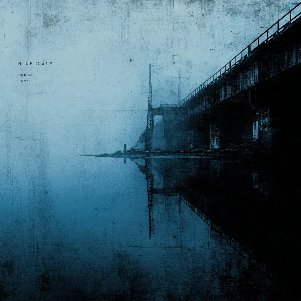 The album cover for Blue Dayy's "No Nostalgia" features a desolate, misty scene. A long, dark bridge or pier stretches across the water, its reflection mirrored perfectly in the still surface.  The overall tone is melancholic and atmospheric, emphasizing a sense of isolation and decay. The muted blue palette contributes to the somber mood.  A solitary figure is barely visible in the distance, adding to the feeling of loneliness.