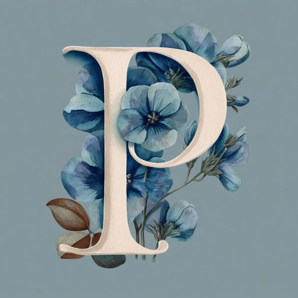 An elegant, cream-colored letter "P" is adorned with watercolor blue flax flowers. The flowers, rendered in shades of blue-gray, surround the letter, creating a delicate and sophisticated design.  The overall aesthetic is one of refined beauty, suitable for stationary, invitations, or other decorative purposes. The background is a muted blue-gray, complementing the floral motif.
